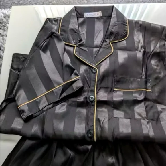 Women Elegant Lounge Set Satin Striped Button Up short Sleeve Shirt&Pants PJ - Picture 3 of 4